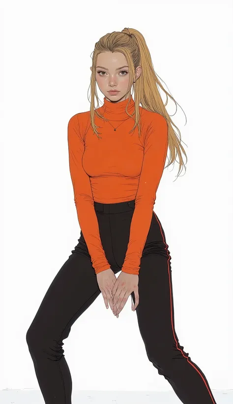 The setting is、I'm in a simple studio with a white background, I'm holding a tonfah facing the camera. A blond figure with a long ponytail poses in a dynamic pose {X} wearing a long-sleeved orange shirt and black athletic pants with red accents. A white ba...