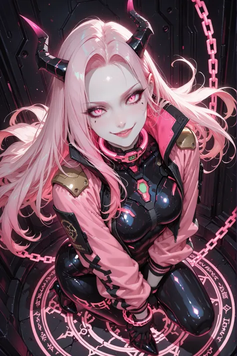 ((masterpiece, best quality, ultra-detailed, high resolution)), (cyberpunk demon queen, seductive and dominant), (1girl, very long black and pink mixed hair:1.3, sleek and flowing), (glowing neon pink eyes with slit pupils:1.4, thick black eyeliner, intens...
