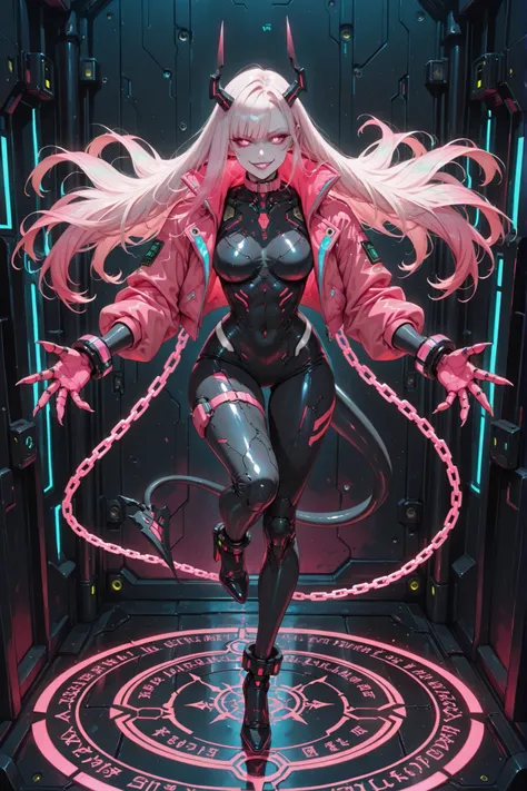 ((masterpiece, best quality, ultra-detailed, high resolution)), (cyberpunk villainess, seductive and dominant), (1girl, very long black and pink gradient hair:1.3, flowing and sleek), (glowing neon pink eyes with demonic slit pupils:1.4, thick winged eyeli...