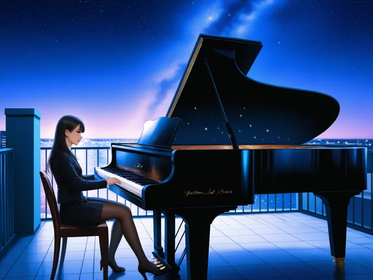 #realistic # pictures撮影 #アジアbeauties #Sea Art Infinity large audience　#playing jazz piano #Playing、pictures、beauties、The characters are real、Night Sky、 night view、 the sky is dark、The sky is black 、completely dark、I can see the stars、rooftop、 night view、 n...