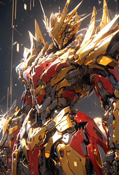 An abstract background of melting liquid with a metallic sheen, gold and grey colors, reflective studio light, Red + gold scifi mech suit, intricate detail, artstation, Japna Gundam, full body image, nreal Engine, DOF, Super-Resolution, Megapixel, Cinemati...
