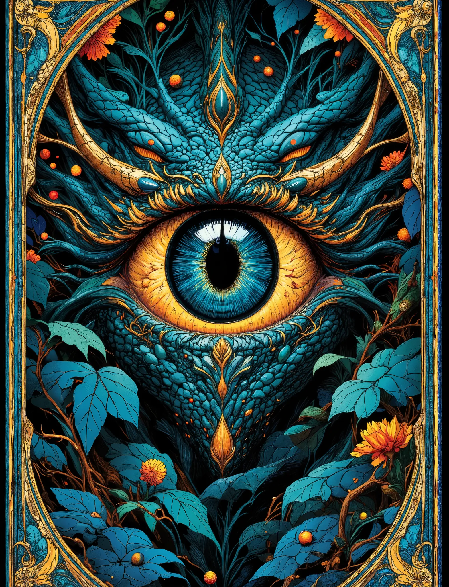 The eye of a dragon looking out of a dense thicket. Narrow pupil. Stylization. Intricate details, bright colors, surreal art, fantasy, digital painting, high detail, spectacular lighting, Art Nouveau elements, ornament, leaves, blue and gold accents, myste...