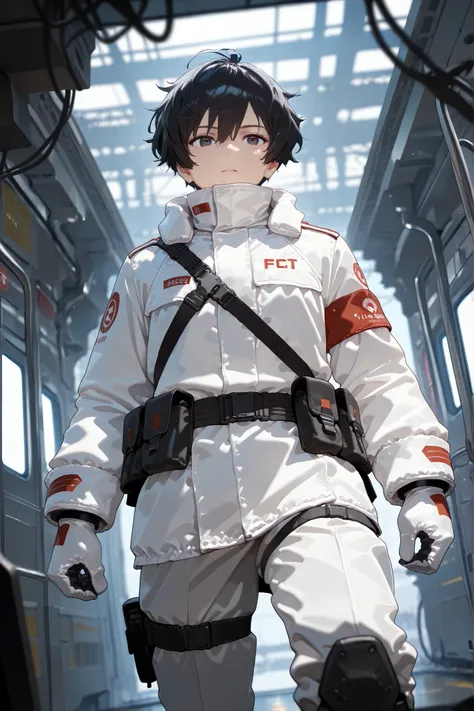 1boy, young, sci-fi military, black hair, asian, asian features, messy haircut, wearing white space themed wearpack with white gear, utility belt, all-white attire, thick oversized wearpack, thick gloves, (Depth of field, cinematic angle), (masterpiece:1.2...