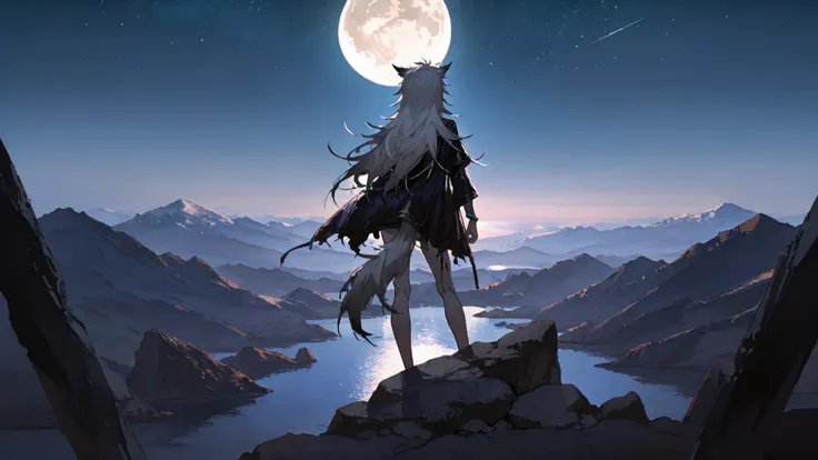 masterpiece,best quality,Super Details,8k, arknights, human hand, white hair, lappland, midnight, solo, one girl, A girl standing on a mountain top , illuminated by soft moonlight, contrapposto , The scene captures her from a distance, full moon, back view...