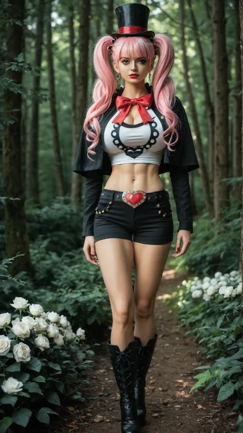 1 girl, alone, realistic style, anime fantasy fashion, slim build, medium shot in 3/4 view, standing in a magical forest inspired by the One Piece universe, wearing a red and white cropped military-style top with gold accents, showing her large breasts and...