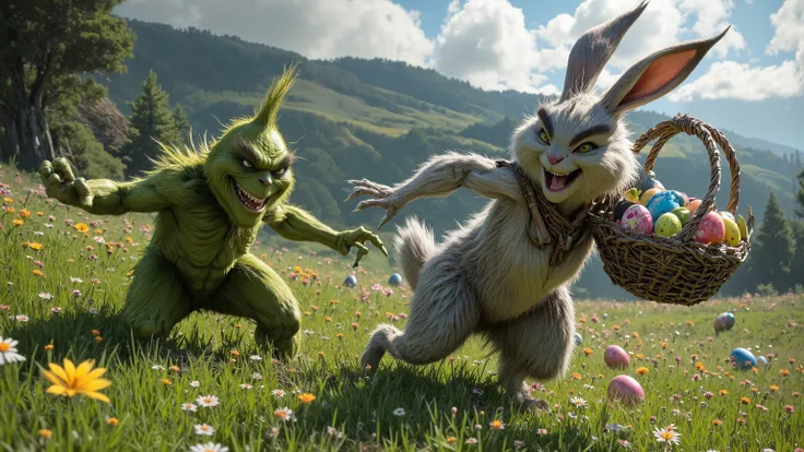 A Grinch runs a cute, friendly, Big Easter Bunny smiled afterwards. The Easter bunny with eggs in his basket runs across the meadow. A Grinch comes from behind and steals the eggs from the Easter Bunny's basket. Both are in a dynamic movement, The Easter B...