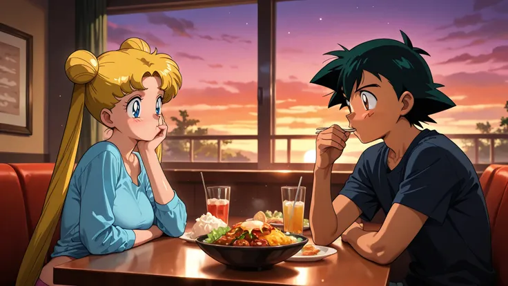 masterpiece, amazing quality, best quality, ultra-detailed, 8K, illustration, clear skin, ultra-detailed-eyes, soft skin, very awa, very as2, shiny skin, tan skin, soft body, 90's style, official art, 1man, 1woman, 1man, ash ketchum, ash ketchum brown eyes...