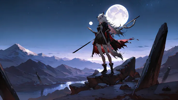 masterpiece,best quality,Super Details,8k, arknights, human hand, white hair, lappland, midnight, solo, one girl, A girl standing on a mountain top , illuminated by soft moonlight, contrapposto , The scene captures her from a distance, full moon, stars, st...