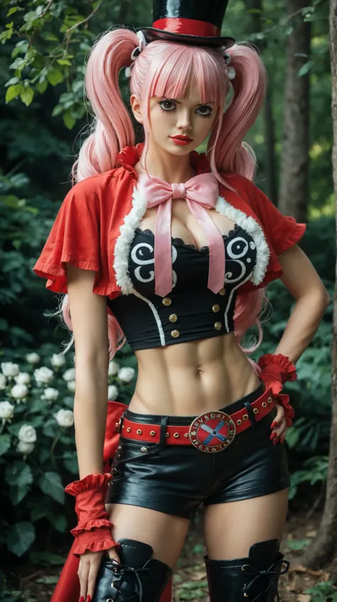 1 girl, alone, realistic style, anime fantasy fashion, slim build, medium shot in 3/4 view, standing in a magical forest inspired by the One Piece universe, wearing a red and white cropped military-style top with gold accents, showing her large breasts and...