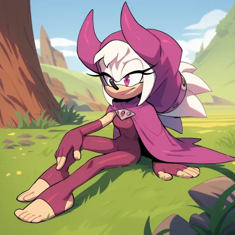 Nora as a Hedgehog, Mobian Hedgehog, white hair, purple eyes, hood, horns, hood, horns, cloak, fingerless elbow gloves, bodysuit, cape, toeless legwear, hedgehog, bigdad/character, (Mobian) white fur, female, smile, slim, young adult, medium breasts, solo,...