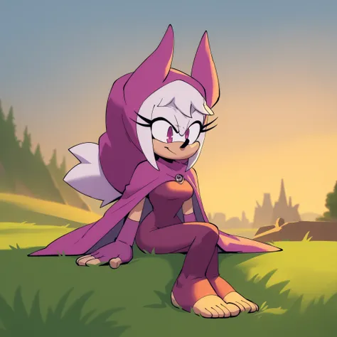 Nora as a Hedgehog, Mobian Hedgehog, white hair, purple eyes, hood, horns, hood, horns, cloak, fingerless elbow gloves, bodysuit, cape, toeless legwear, hedgehog, bigdad/character, (Mobian) white fur, female, smile, slim, young adult, medium breasts, solo,...