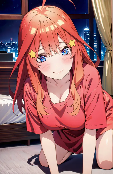 Nakano Mizuki , long hair, blue eyes, hair ornament, red hair,stupid hair, glass, star ( symbol ), semi-rimless eyewear, underrim eyewear, star hair ornament, Big Breasts,cleavage,oversized t-shirt,blouse,Bare legs, bet,on all fours,curtains,window,nigh...
