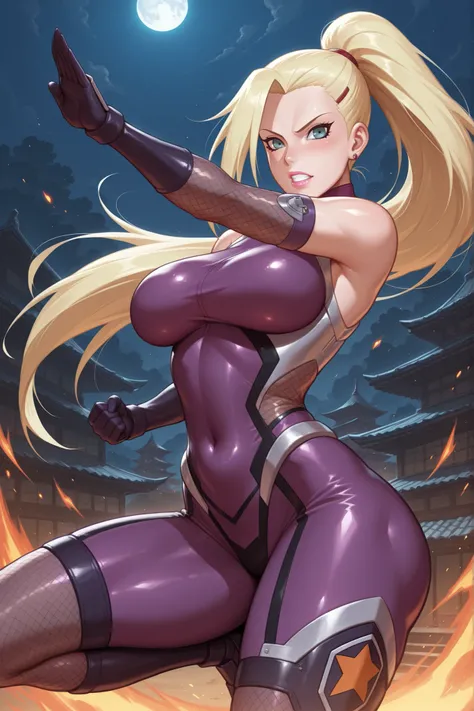 master piece, high quality, 4k uhd,hires, source_anime, Yamanaka Ino from Naruto, taimanin bodysuit, medium breasts, ninja action pose,