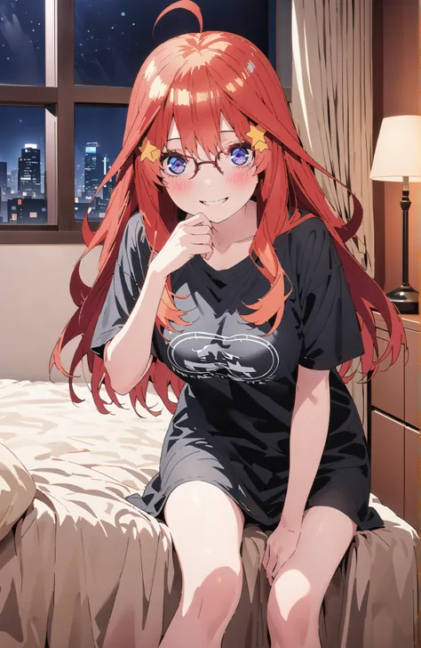 Nakano Mizuki , long hair, blue eyes, hair ornament, red hair,stupid hair, glass, star ( symbol ), semi-rimless eyewear, underrim eyewear, star hair ornament, Big Breasts,cleavage,oversized t-shirt,blouse,Bare legs,bed with sperm hanging from my crotch ...