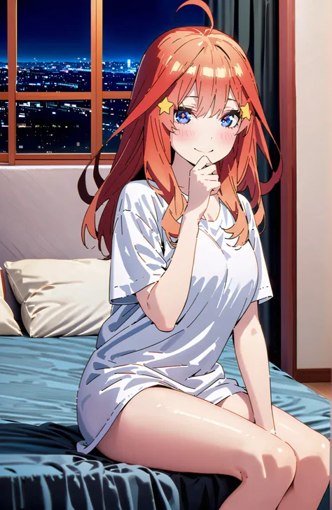 Nakano Mizuki , long hair, blue eyes, hair ornament, red hair,stupid hair, glass, star ( symbol ), semi-rimless eyewear, underrim eyewear, star hair ornament, Big Breasts,cleavage,oversized t-shirt,blouse,Bare legs,bed with sperm hanging from my crotch ...