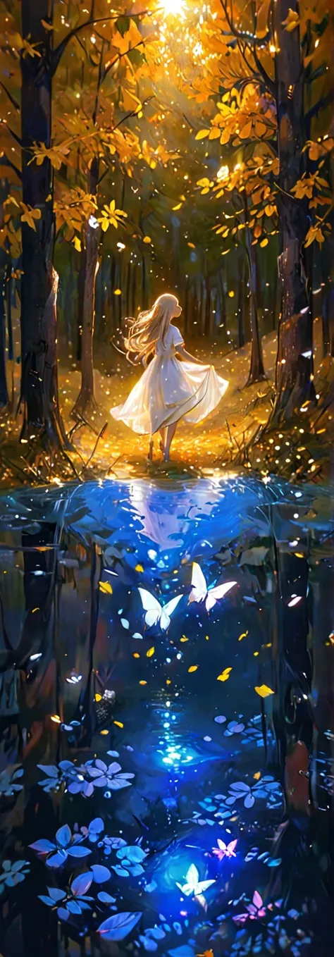Create an enchanting digital artwork depicting a magical forest scene split into two halves. The top half is a vibrant autumn forest with golden leaves, illuminated by the gentle sunlight filtering through the trees. In the middle, a graceful figure of a g...