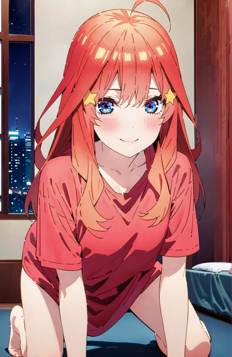 Nakano Mizuki , long hair, blue eyes, hair ornament, red hair,stupid hair, glass, star ( symbol ), semi-rimless eyewear, underrim eyewear, star hair ornament, Big Breasts,cleavage,oversized t-shirt,blouse,Bare legs,on the bed,on all fours,curtains,windo...