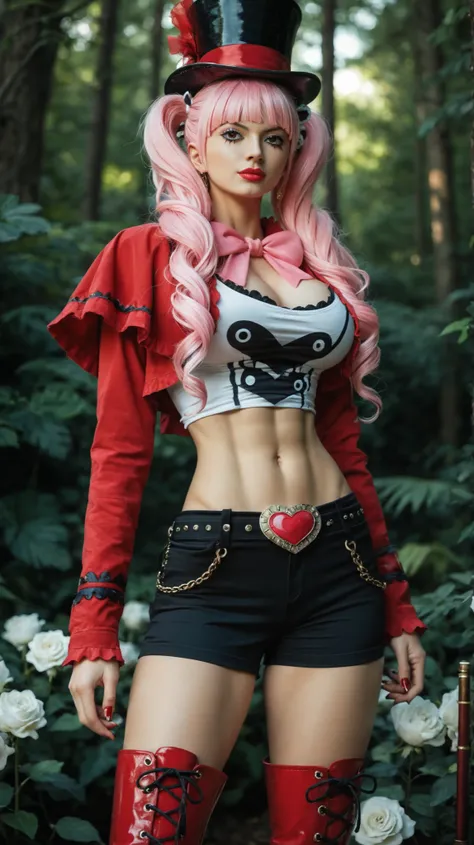 1 girl, alone, realistic style, anime fantasy fashion, slim build, medium shot in 3/4 view, standing in a magical forest inspired by the One Piece universe, wearing a red and white cropped military-style top with gold accents, showing her large breasts and...
