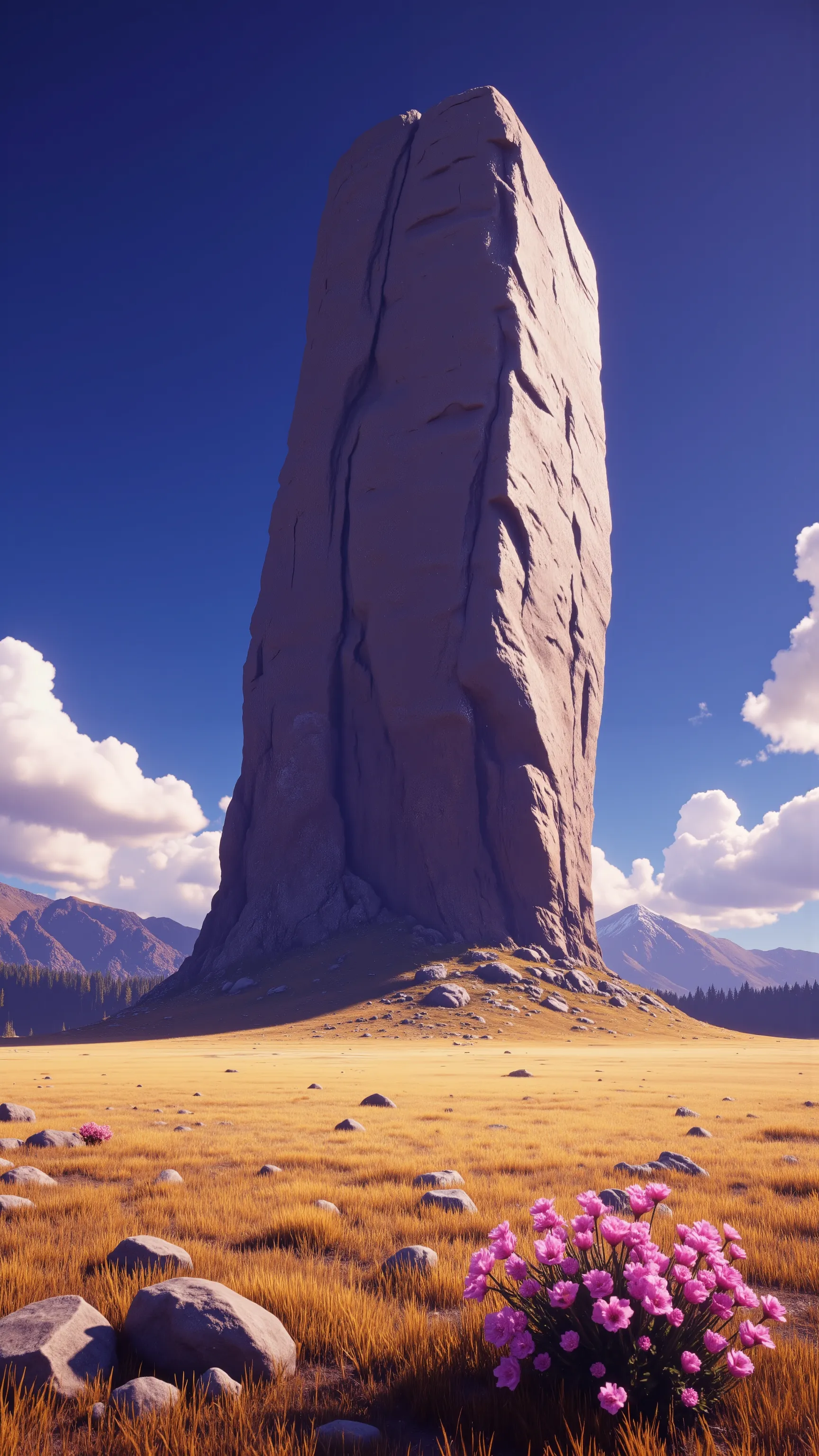 I'm imagining、What I'm imagining is、A Masterpiece of Chilean Plateau Scenery、vivid colors、An Intense Style of Spectacular Dramatic Expression、The plains expand、Flowers Blooming at the Limits of the Forest、One Large Megalithic Object(モノリス)、A gentle flower、PREMIUM QUALITY ENVIRONMENT、Shandana Scenery。