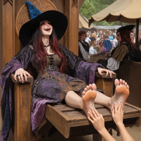 Woman seated inside wooden stockade, ankles bound, barefoot, having her soles itched by hands, (goth woman hands), (the goth woman is holding metal ticklers), laughter, blushing, scratching the girls soles