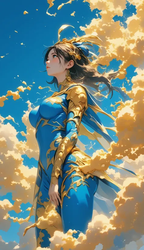 (((double blue and gold create the strongest visual art with just only these 2 colors))), , score_9, score_8_up, score_7_up, 20 years old, 8k, high definiTion , beauTiful girl, nudity of busty girl, goddess of war, blue background and golden clouds . b...