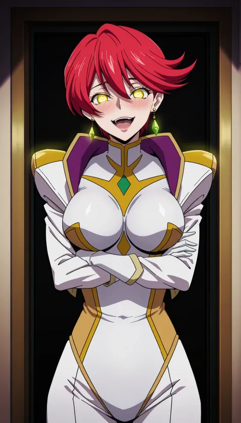 narah_pilotsuit,narah vaughn,1girl,solo,red hair, crossed arms,short hair,breasts ,yellow eyes,gloves,looking at viewer,jewelry,earrings,lipstick,large breasts,mature female,MILF, standing , score_9, score_8_up, score_7_up, score_6_up, score_5_up, score_4_...