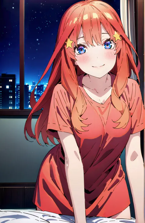 Nakano Mizuki , long hair, blue eyes, hair ornament, red hair,stupid hair, glass, star ( symbol ), semi-rimless eyewear, underrim eyewear, star hair ornament, Big Breasts,cleavage,oversized t-shirt,blouse,Bare legs,on the bed,on all fours,curtains,windo...