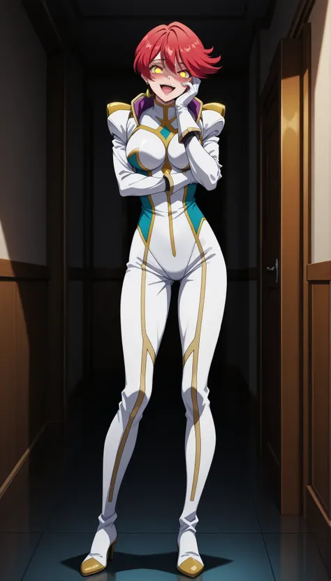 narah_pilotsuit,narah vaughn,1girl,solo,red hair, crossed arms,short hair,breasts ,yellow eyes,gloves,looking at viewer,jewelry,earrings,lipstick,large breasts,mature female,MILF, standing , score_9, score_8_up, score_7_up, score_6_up, score_5_up, score_4_...