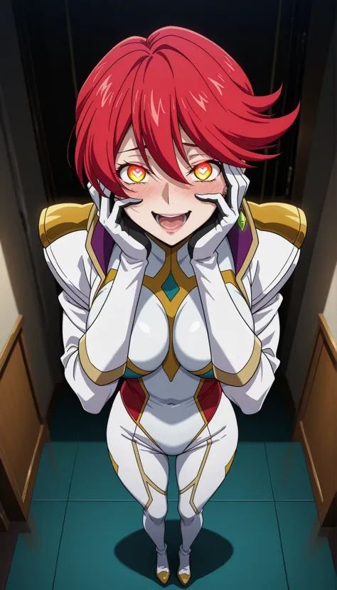 narah_pilotsuit,narah vaughn,1girl,solo,red hair, crossed arms,short hair,breasts ,yellow eyes,gloves,looking at viewer,jewelry,earrings,lipstick,large breasts,mature female,MILF, standing , score_9, score_8_up, score_7_up, score_6_up, score_5_up, score_4_...