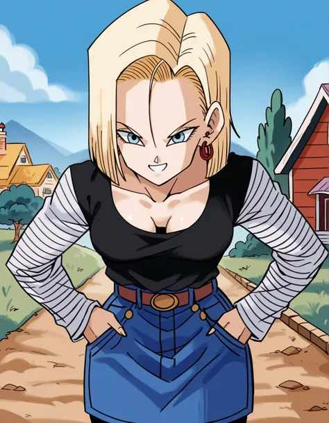 score_9, score_8_up, score_7_up, source_anime, android 18, blonde hair, blue eyes, eyelashes, hoop earrings, short hair, earrings, belt, black legwear, black shirt, collarbone, denim, denim skirt, high-waist skirt, jewelry, long sleeves, black & white stri...