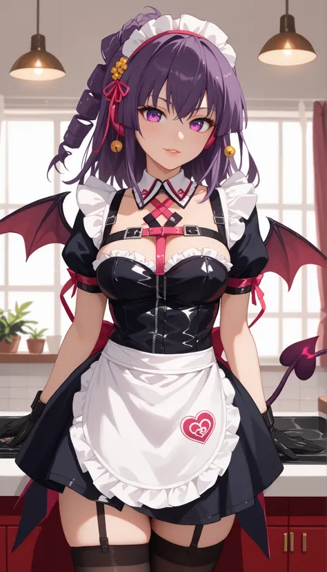 umegiri_hifumi, 1woman,purple eyes,purple hair、Shiny Hair、Tight waist、Small waist、Glowing Skin、ruanyi0872,belt,black gloves,black thighhighs,chest harness,demon girl,maid,black panties,demon wings,apron、eight-headed body、Beauty、
