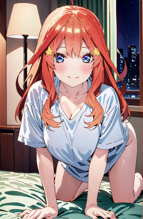 Nakano Mizuki , long hair, blue eyes, hair ornament, red hair,stupid hair, glass, star ( symbol ), semi-rimless eyewear, underrim eyewear, star hair ornament, Big Breasts,cleavage,oversized t-shirt,blouse,Bare legs,on the bed,on all fours,curtains,windo...