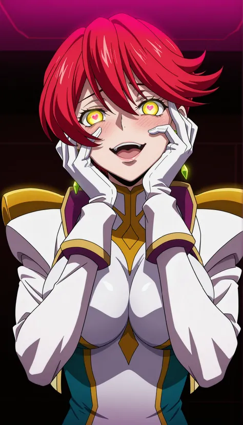 narah_pilotsuit,narah vaughn,1girl,solo,red hair, crossed arms,short hair,breasts ,yellow eyes,gloves,looking at viewer,jewelry,earrings,lipstick,large breasts,mature female,MILF, standing , score_9, score_8_up, score_7_up, score_6_up, score_5_up, score_4_...