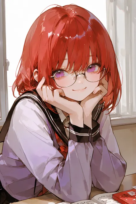 masterpiece、 best quality、Good Quality、 average quality 、 very detailed、 very beautiful、school uniform 、1girl, solo, red hair、smile、is young、Baby Face、red and purple odd-eye、small、wears glasses、bob hair