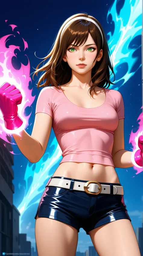 Half-body view of a beautiful woman with long brown hair and full spiky bangs, beautiful green eyes, medium chest, wear a white hairband, wear a pink shirt with scoop neck and short-sleeves, dark blue leather shorts with white belt, pink gloves, her shirt ...