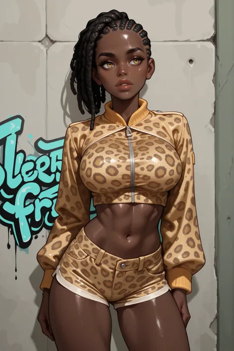 1girl, very dark skin , jewlery , large breasts , cornrows , crop top , shorts, skinny , slim waist, (leopard print cropped jacket), street with graffiti