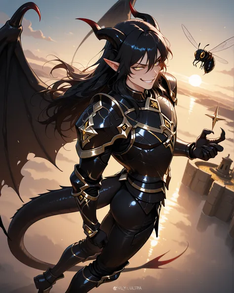 Masterpiece, (((Anime))), 1 male, lean body, (masculine), (((sky))), (((flying))), weredragon, korean webtoon style, glossy black, shiny black leather, ((beautiful golden eyes, finely detailed eyes, vertical iris)), hair between eyes, long hair, sideburns,...