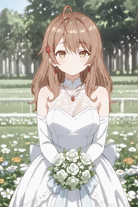 Masterpiece, best quality, absurd, asthetic,Maria Mikhailovna Kujou, Brown hair, long hair, brown eyes, hair hair ornament, ahoge, medium shot, wearing wedding dress,in field full of flowers 