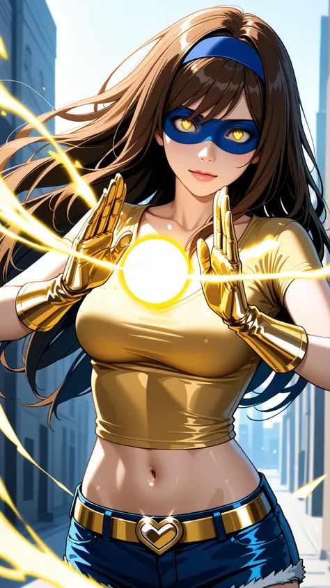 Half-body view of a beautiful woman with long brown hair and full spiky bangs, beautiful gold eyes, medium chest, wear a blue hairband, blue eyemask, wear a gold shirt with scoop neck and short-sleeves, blue leather shorts, gold belt with blue gemstone hea...