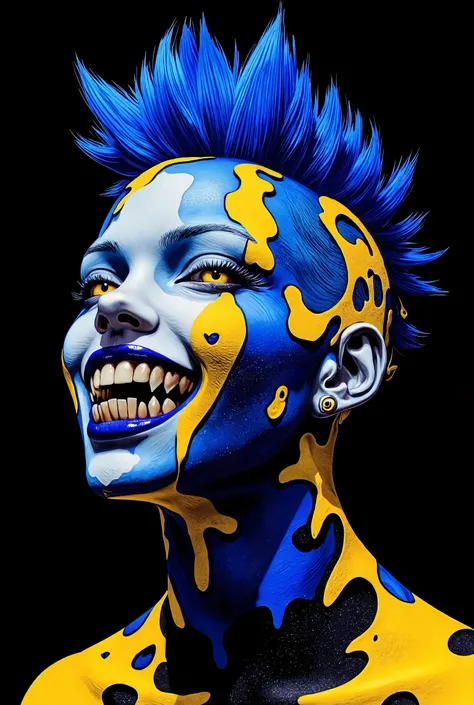 colorful abstract blue-blue androgynous zombie, bright splashes of yellow acrylic paint on his face and hair, Venom's smile, sharp blue tongue,sharp gold teeth, burning yellow snake eyes, head turn, dynamic pose, wonderful lighting, bright colors, tense fa...