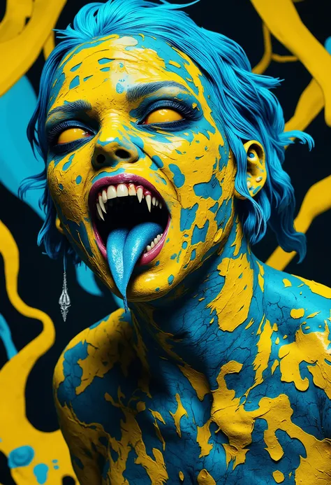 Colorful textured abstract blue-blue androgynous zombie, bright sloppy strokes of yellow oil paint on his face and hair, Venom smile, sharp blue tongue, sharp gold teeth, burning yellow snake eyes, head turn, dynamic pose, wonderful lighting, bright colors...