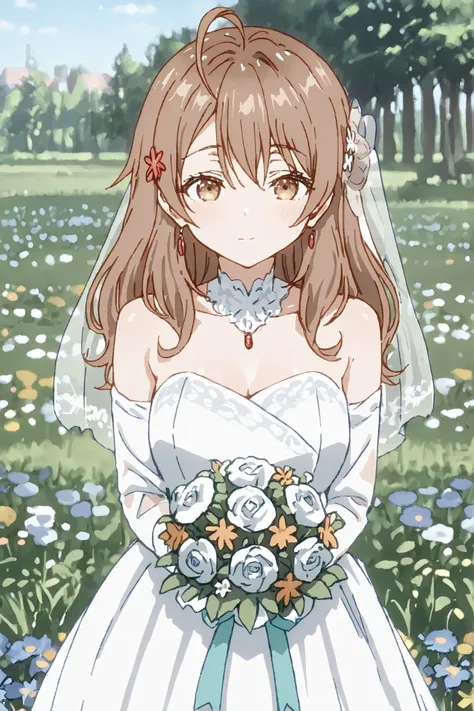 Masterpiece, best quality, absurd, asthetic,Maria Mikhailovna Kujou, Brown hair, long hair, brown eyes, hair hair ornament, ahoge, medium shot, wearing wedding dress,in field full of flowers