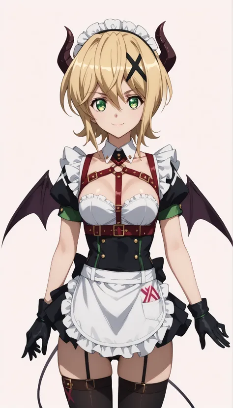 Akatsuki_Kirika、Blonde hair, green eyes, short hair, x hair ornament、Shiny Hair、Tight waist、Small waist、Glowing Skin、ruanyi0872,belt,black gloves,black thighhighs,chest harness,demon girl,maid,black panties,demon wings,apron、light smile、bedroom background、...