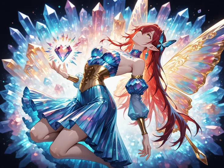 masterpiece, ultra detailed, 16k, depth of field, (masterpiece), best quality, expressive eyes, perfect face, gacha splash, sharp lines, vivid colors, high contrast,sparkling, shining, colorful, translucent, glittery, shine, play of color blue and gold , r...