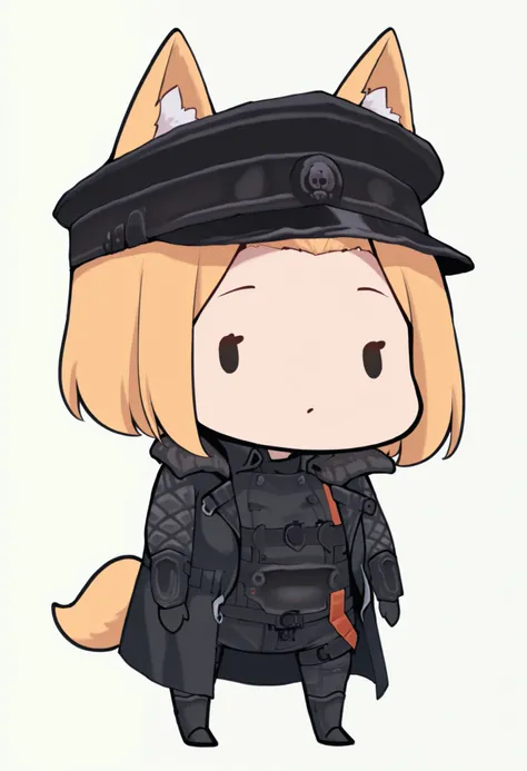 masterpiece, best quality, 1girl, solo, ((testgirl)),  animal ears, fox tail, black cap, black clothes,  blond, chibi, dot eyes, :(, simple gray background, white background, (bare forehead), ((shaved temples:1.3))