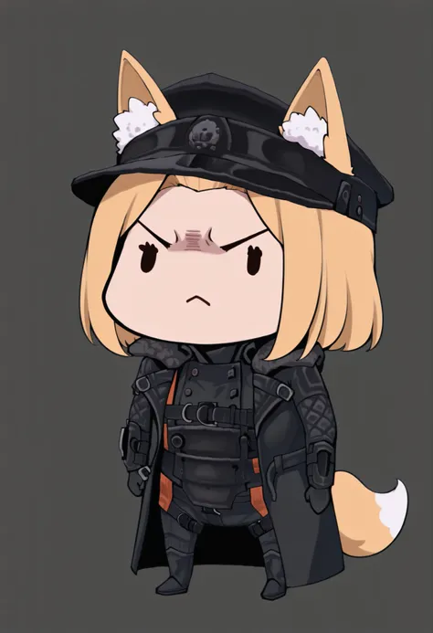 masterpiece, best quality, 1girl, solo, ((testgirl)),  animal ears, fox tail, black cap, black clothes,  blond, chibi, dot eyes, ((angry)) , fack hand, simple gray background, white background, (bare forehead), ((shaved temples:1.3))