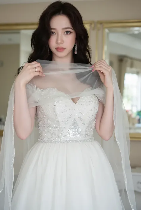 The image showcases a beautiful young woman dressed as a bride. She wears an elegant white wedding gown adorned with intricate floral embellishments and shimmering sequins. The dress features an off-the-shoulder design, accentuating her delicate shoulders ...