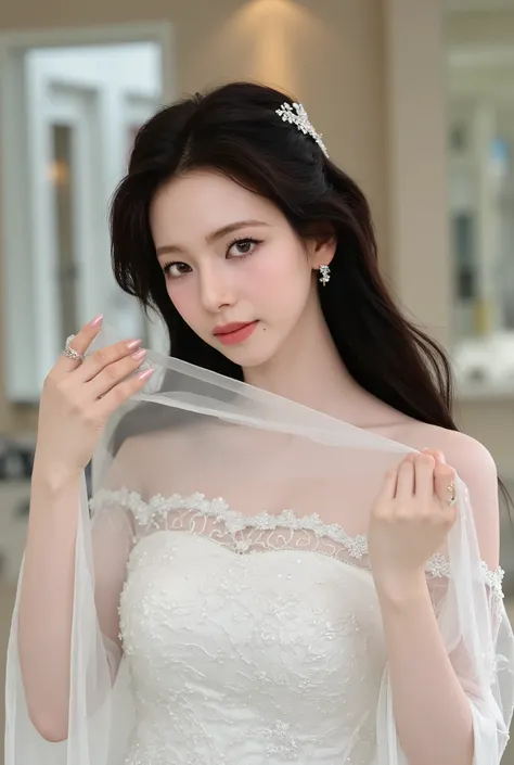 The image showcases a beautiful young woman dressed as a bride. She wears an elegant white wedding gown adorned with intricate floral embellishments and shimmering sequins. The dress features an off-the-shoulder design, accentuating her delicate shoulders ...