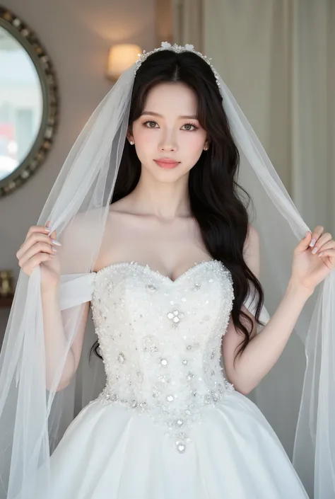 The image showcases a beautiful young woman dressed as a bride. She wears an elegant white wedding gown adorned with intricate floral embellishments and shimmering sequins. The dress features an off-the-shoulder design, accentuating her delicate shoulders ...