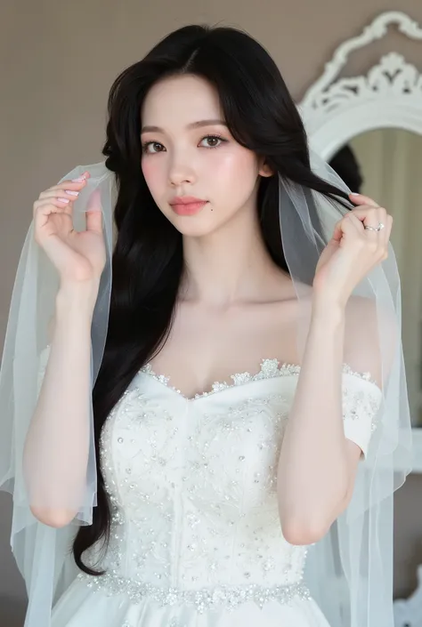 The image showcases a beautiful young woman dressed as a bride. She wears an elegant white wedding gown adorned with intricate floral embellishments and shimmering sequins. The dress features an off-the-shoulder design, accentuating her delicate shoulders ...